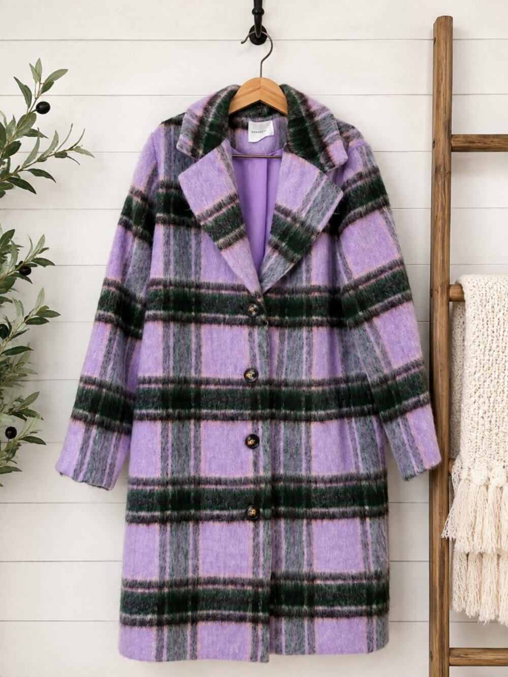 Panache Apparel Plaid Wool Blend Long Coat Lavender Green Size L NWOT